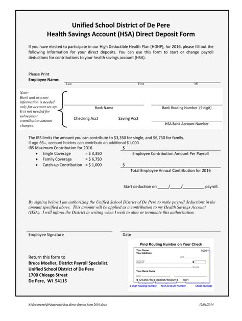 Fillable Online Health Savings Account HSA Direct Deposit Form Fax