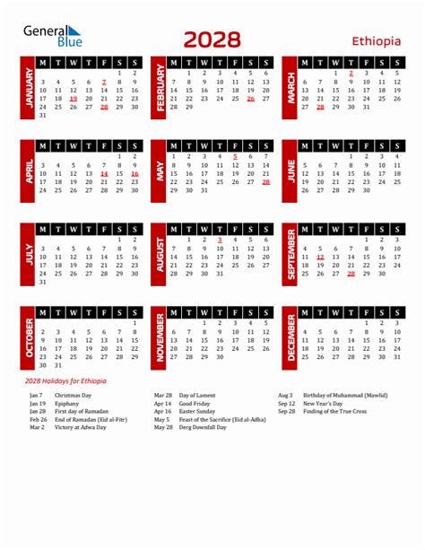 2028 Ethiopia Calendar With Holidays