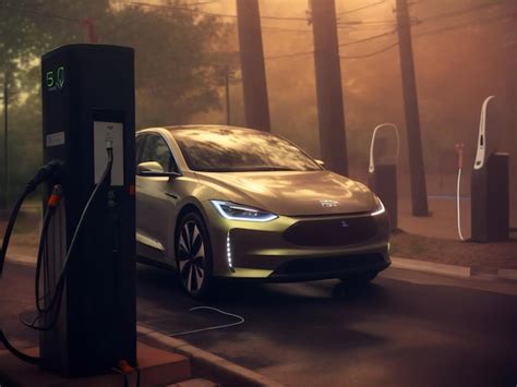 Premium AI Image | Ev car or electric vehicle at charging station with ...