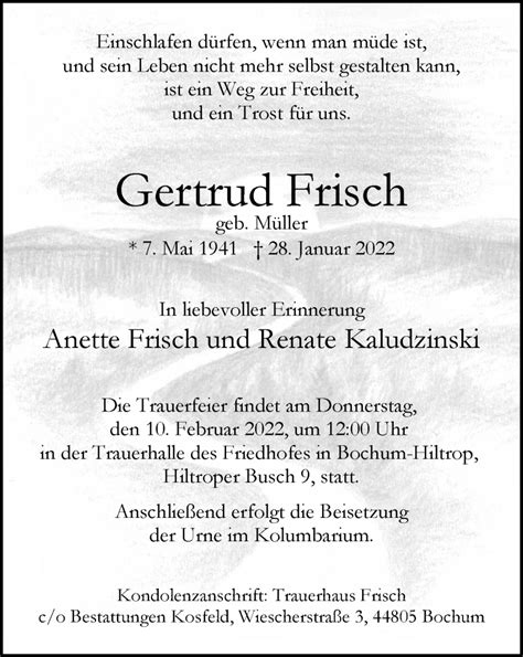 Traueranzeigen Von Gertrud Frisch Trauer In Nrw De