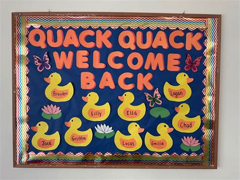 Quack Quack Welcome back bulletin board for back to school. Ducks, lilly pads and butterflies ...