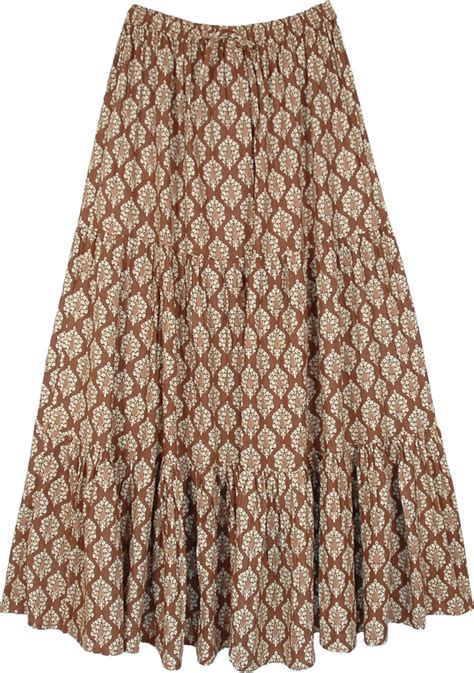 Bohemian Cotton Brown Floor Length Skirt With White Floral Clothing