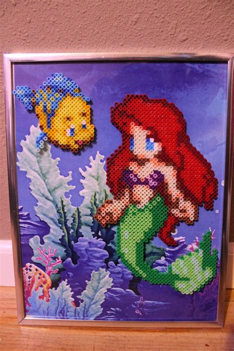 The Little Mermaid And Flounder Perler Framed Perler Bead Disney Perler Beads Perler Bead Art