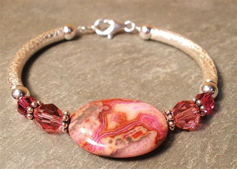 Pink Crazy Lace Agate And Crystal Sterling Silver Bracelet Sterling