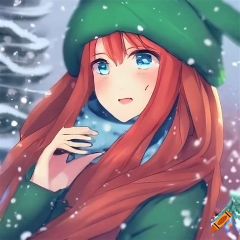 Anime Girl With Red Hair And Blue Eyes Smiling In The Snow