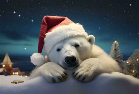 White Polar Bear In Red Santa Hat Generative Ai Stock Photo