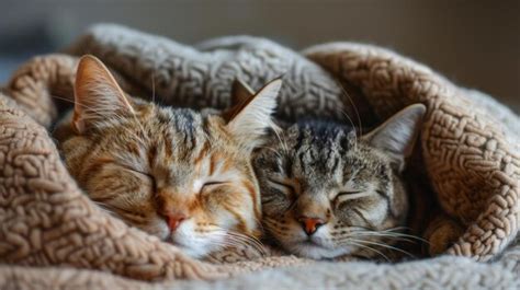 Premium Photo Two Cats Sleeping On Blanket