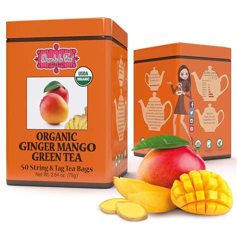 Brew La La Organic Green Tea Ginger Mango Flavor 50 Tea Bag Tin Low Caffeine