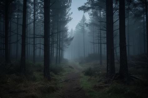 Premium Ai Image Dark Foggy Pine Scary Forest