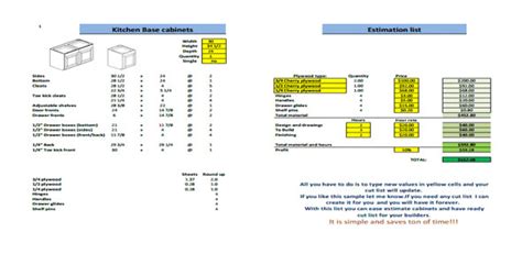 Kitchen Cabinets Cut List And Estimate Sheet