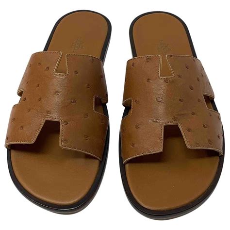 Herm S Hermes Ostrich Leather Izmir Sandals New Brown Ref Joli