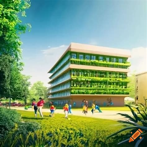 Sustainable School Building With Students And Greenery On Craiyon