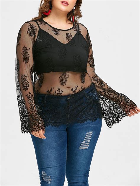 [32 Off] Plus Size Sheer Lace Blouse With Crop Camisole Rosegal