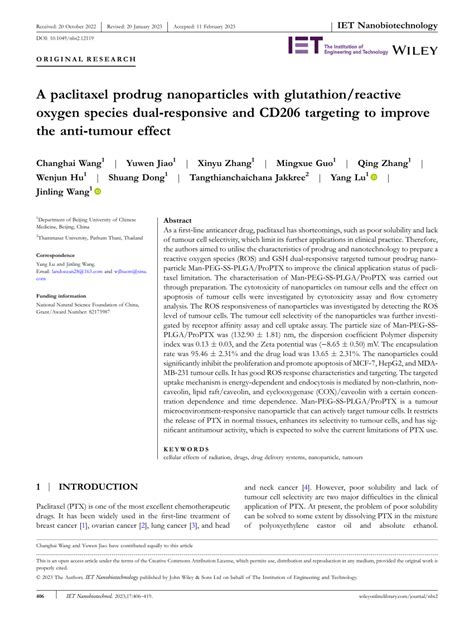 Pdf A Paclitaxel Prodrug Nanoparticles With Glutathion Reactive