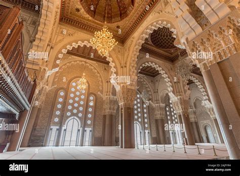 Casablanca Morocco Interior Prayer Hall Of Hassan Ii Mosque With Columns Arches And Glass