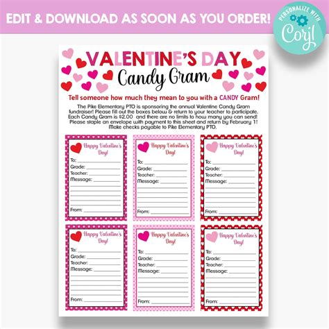 Editable Valentines Day Candy Gram Flyer Valentine Etsy