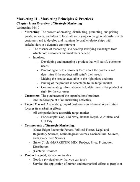 Marketing 11 Notes Marketing 11 Marketing Principles And Practices Chapter 1 An Overview Of