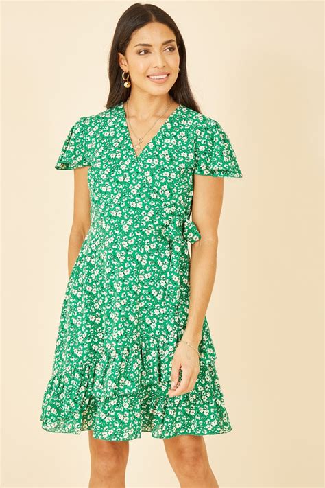 Mela Green Ditsy Floral Wrap Frill Dress