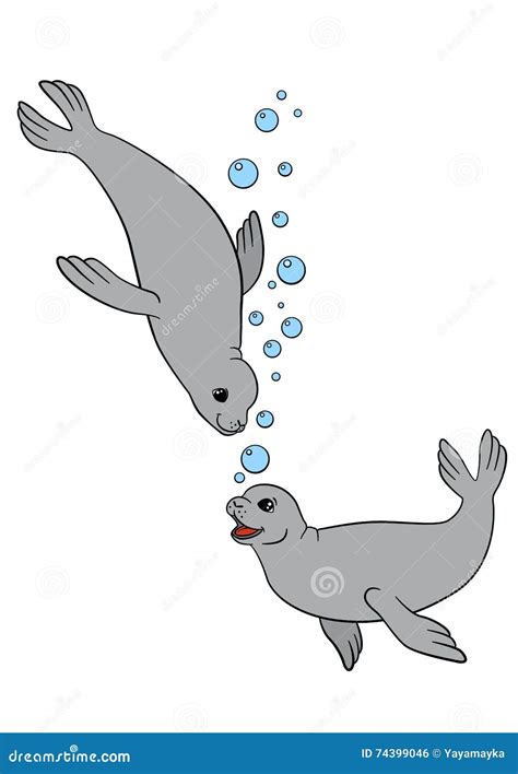 Cartoon Animals Two Little Cute Seals Swim Stock Vector