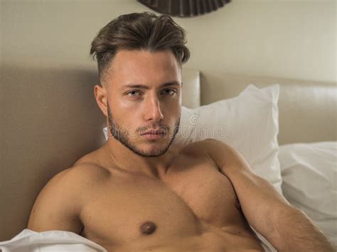 Shirtless Sexy Male Model Lying Alone His Bed Bedroom Stock Photos