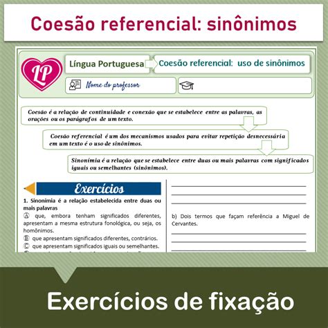 Coesão referencial Uso de sinônimos Exercícios de fixação 1 Lição