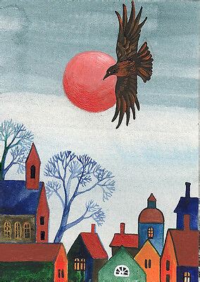 X Print Of Painting Folk Art Trees Houses Ryta Raven Crow Folk Art