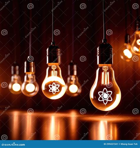 Glowing Light Bulbs With Atomic Energy Symbol Showing Nuclear Powered