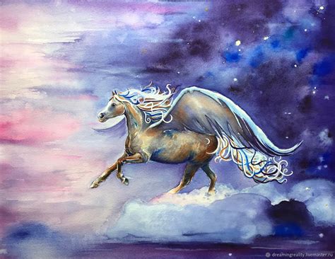 a painting of a horse flying through the sky