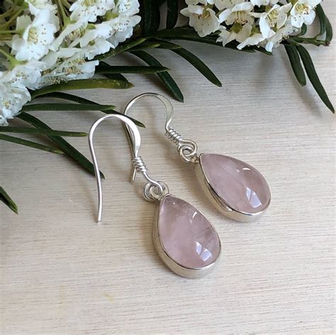 Rose Quartz Teardrop Earrings Rose Quartz Silver Dangle Etsy