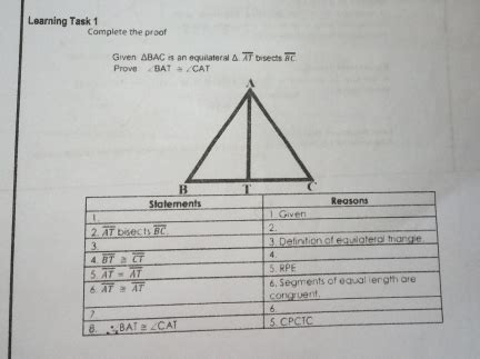 Solved Learning Task 1 Camplete the proof Given ΔBAC is an equilateral