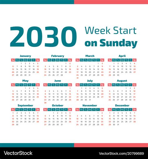 Simple 2030 year calendar Royalty Free Vector Image