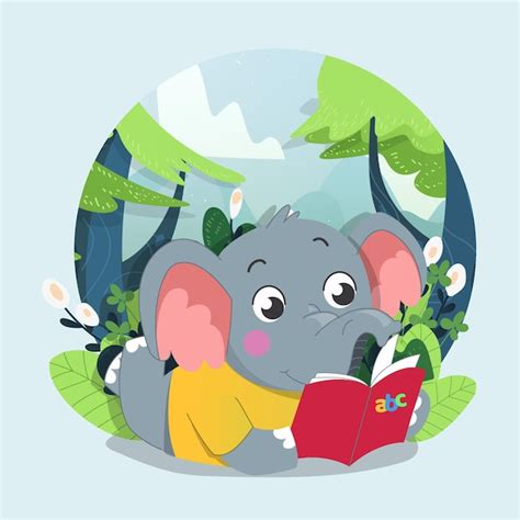 Lindo Elefante Leyendo Un Libro Con Fondo De Bosque Verde Vector Premium