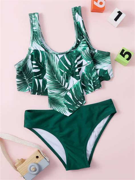 Conjunto de bikini de dobladillo hankí tropical para niña
