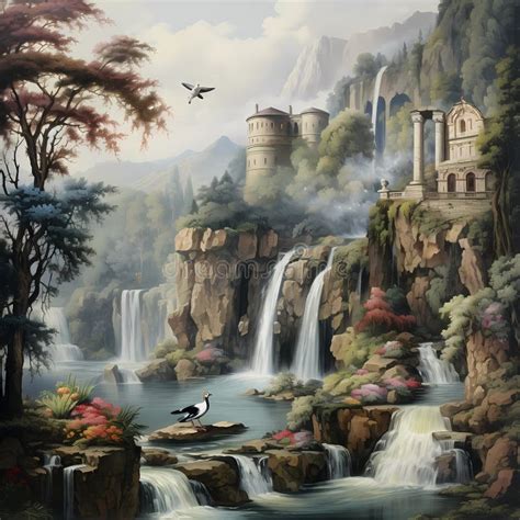 Fantasy Waterfall with Castle Wallpaper Watercolor Painting Stock ...