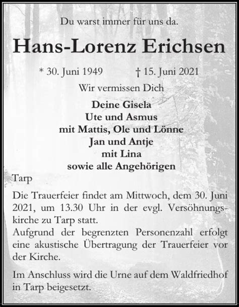 Traueranzeigen Von Hans Lorenz Erichsen Sh Z Trauer