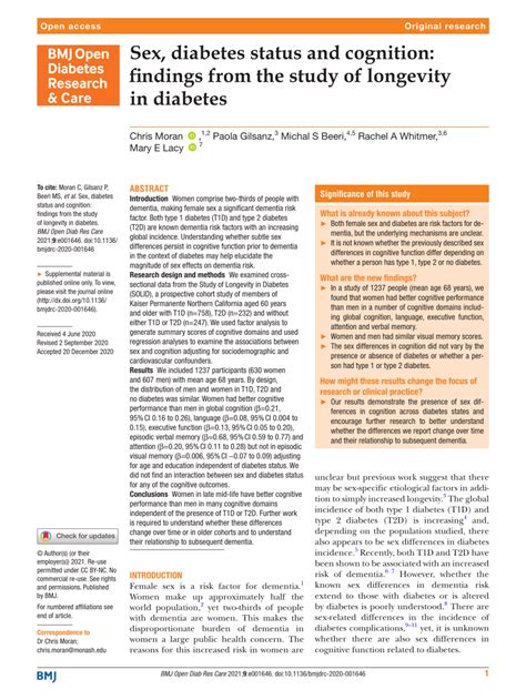 Pdf Sex Diabetes Status And Cognition Findings From The Study Of