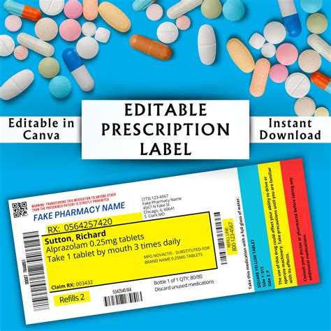 Editable Prescription Label Template Printable Editable Horizontal RX Bottle Pill Bottle Label ...