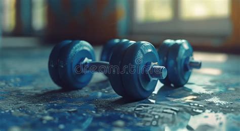 Blue Dumbbells On Table Stock Image Image Of Heavy