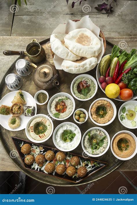 Mixed Middle Eastern Meze Sharing Food Platter In Turkish Restaurant