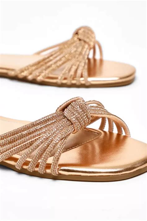 Gold Strappy Knot Diamante Flat Sandals Quiz Clothing