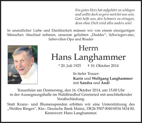 Traueranzeigen Von Hans Langhammer Trauer Merkur De