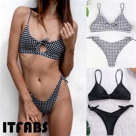 Sexy Plaid Women Push Up Padded Bra Bandage Bikini Set Swimsuit