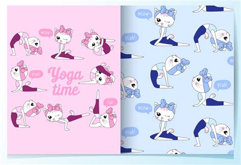 Hand drawn cute cat yoga poses with pattern set 673359 Vector Art at ...