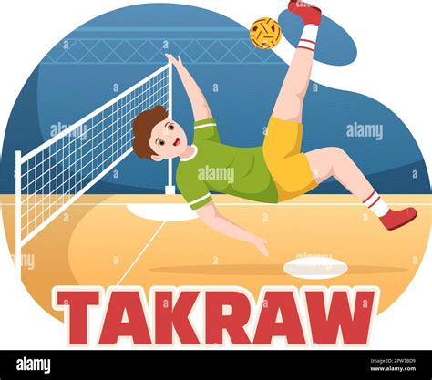 Sepak Takraw Illustration With Athlete Playing Kick Ball On Court In