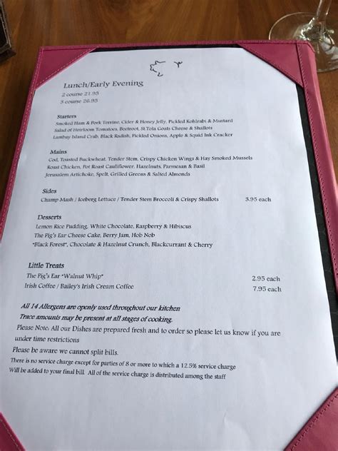 Menu at The Pig's Ear restaurant, Dublin