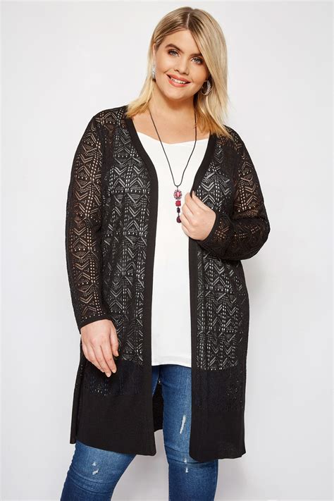 Black Crochet Effect Longline Cardigan Plus Size 16 To 36 Yours