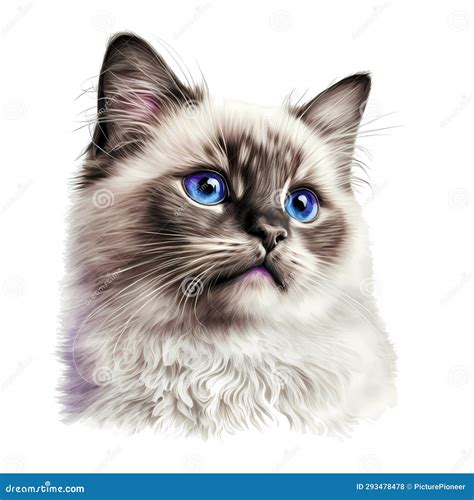 Birman Cat with Blue Eyes Isolated on White - Illustration, Portrait ...