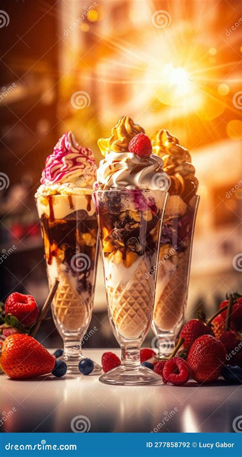 Ice Creams With Fruits Decoration And A Cozy Blur Background Stock