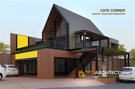 Desain Cafe Corner Modern Minimalis 2 Lantai Hook