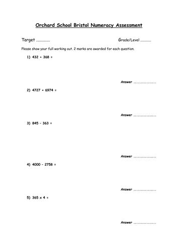 Numeracy Test And Assessment Sheet Level 3 5 Teaching Resources